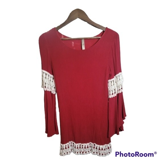 Entro Womens Burgundy Bohemian Long Bell Sleeve Dress with Crochet Accent Detail - Picture 2 of 16
